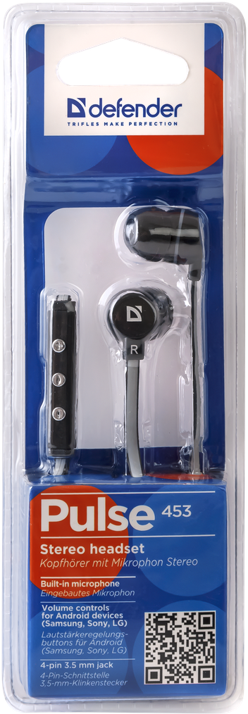 Наушники Defender Pulse 453 (затычки, для мобильных устройств, с микрофоном, 1.2m, black-grey)