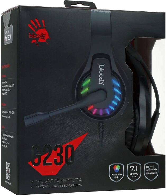 Наушники A4Tech Bloody G230 (полноразмерные закрытые, подключение по USB, с микрофоном, регулятор, подсветка, игровые, виртуальный объёмный звук 7.1, 2m, black)