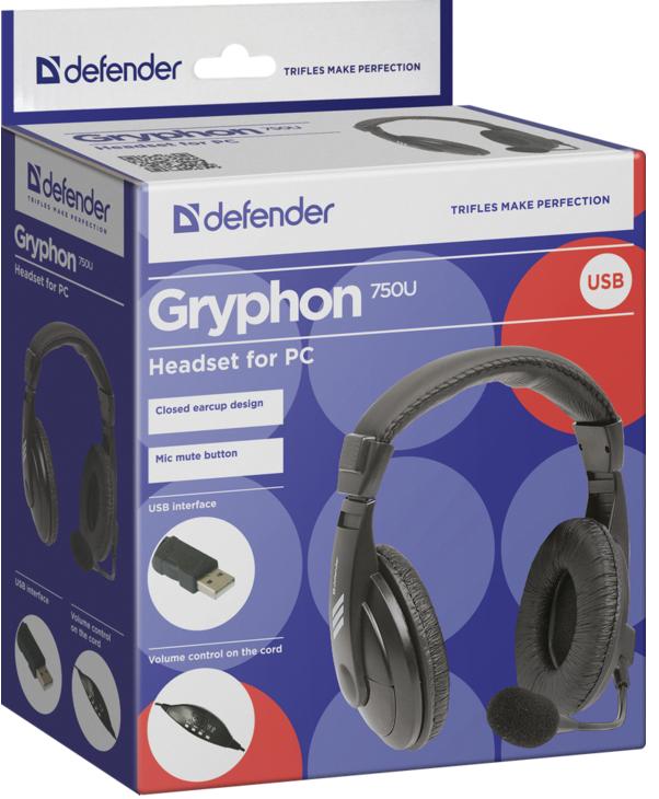 Гарнитура Defender GRYPHON 750U (полноразмерные закрытые, подключение по USB, c микрофоном, 1.8m, black)