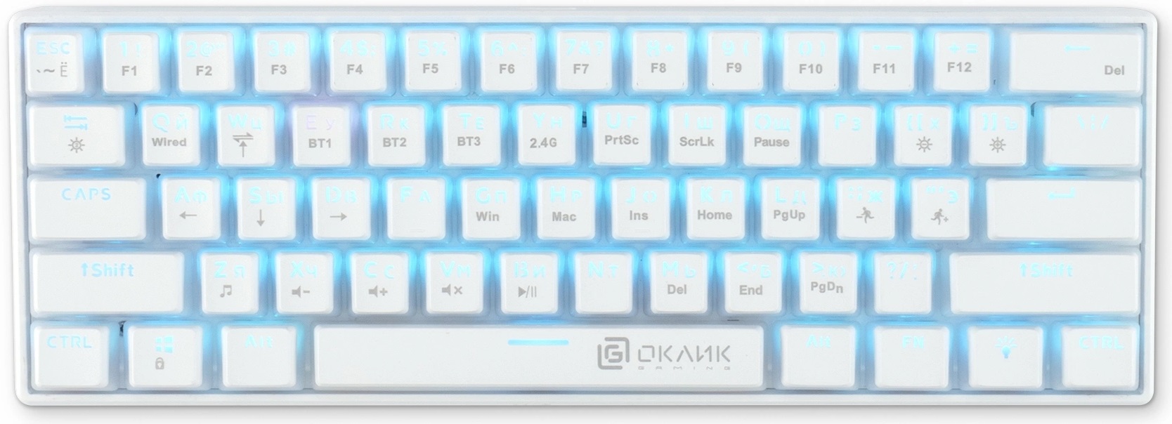 Клавиатура Oklick K763W (USB / Bluetooth 5.0(3.0) / 2.4GHz, механическая, аккумулятор 1450mAh (до 5 дней беспрерывной работы), регулируемая RGB подсветка, игровая, мультимедийная, Anti-Ghosting, 1.8m, white)