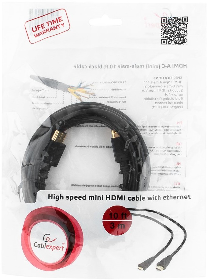 Кабель HDMI (m) - MiniHDMI (m) 3.0m (CC-HDMI4C-10, 4K, ver.2.0, медь, с позолоченными контактами, экранированный, black) Cablexpert