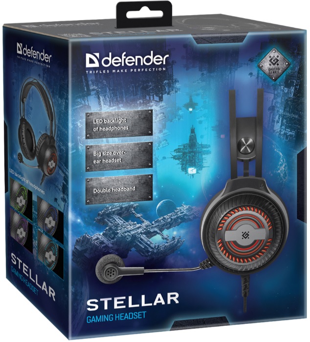Наушники Defender Stellar (полноразмерные закрытые, c микрофоном, регулятор, игровые, 2.2m, подсветка, промо-код "Crossout", black)