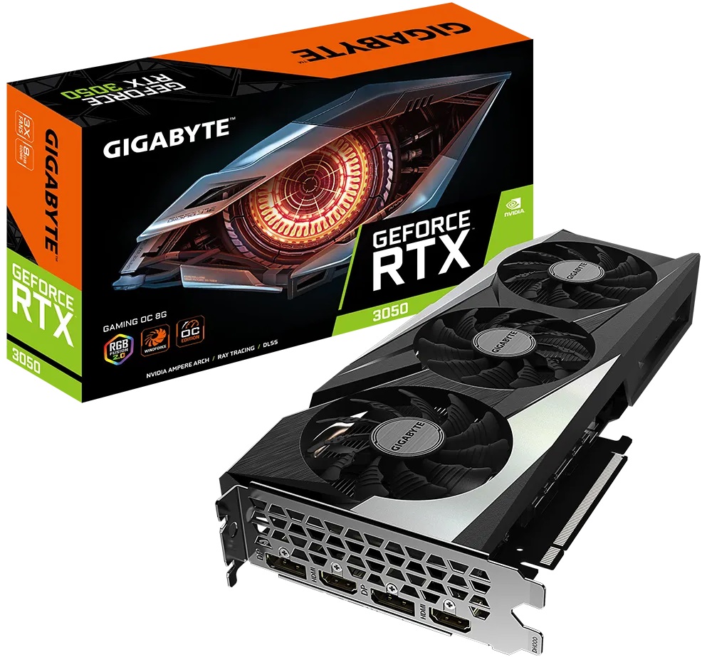 Видеокарта Gigabyte GF RTX3050 8Gb (GV-N3050GAMING OC-8GD, 128bit, GDDR6, 2xHDMI+2xDP) RTL