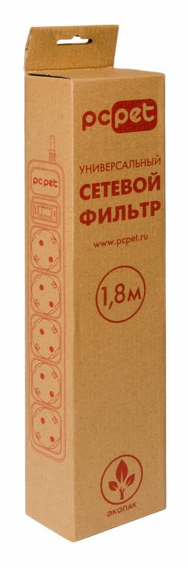 Сетевой фильтр PC Pet (AP01006-1.8-GR, 5 розеток, 1.8 метра, grey) RTL