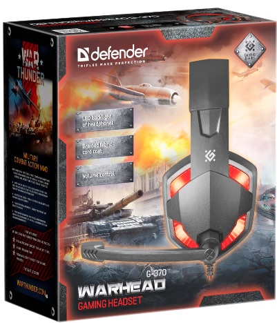Наушники Defender Warhead G-370 (полноразмерные закрытые, с микрофоном, регулятор, игровые, 2m, промо-код "War Thunder", black-red)
