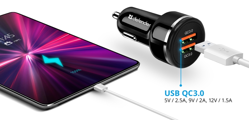 Зарядное устройство от прикуривателя Defender UCA-80 (12-24V, 2 USB разъёма, 5V/2.5A, 9V/2A, 12V/1.5A, 36W, QC3.0, black)