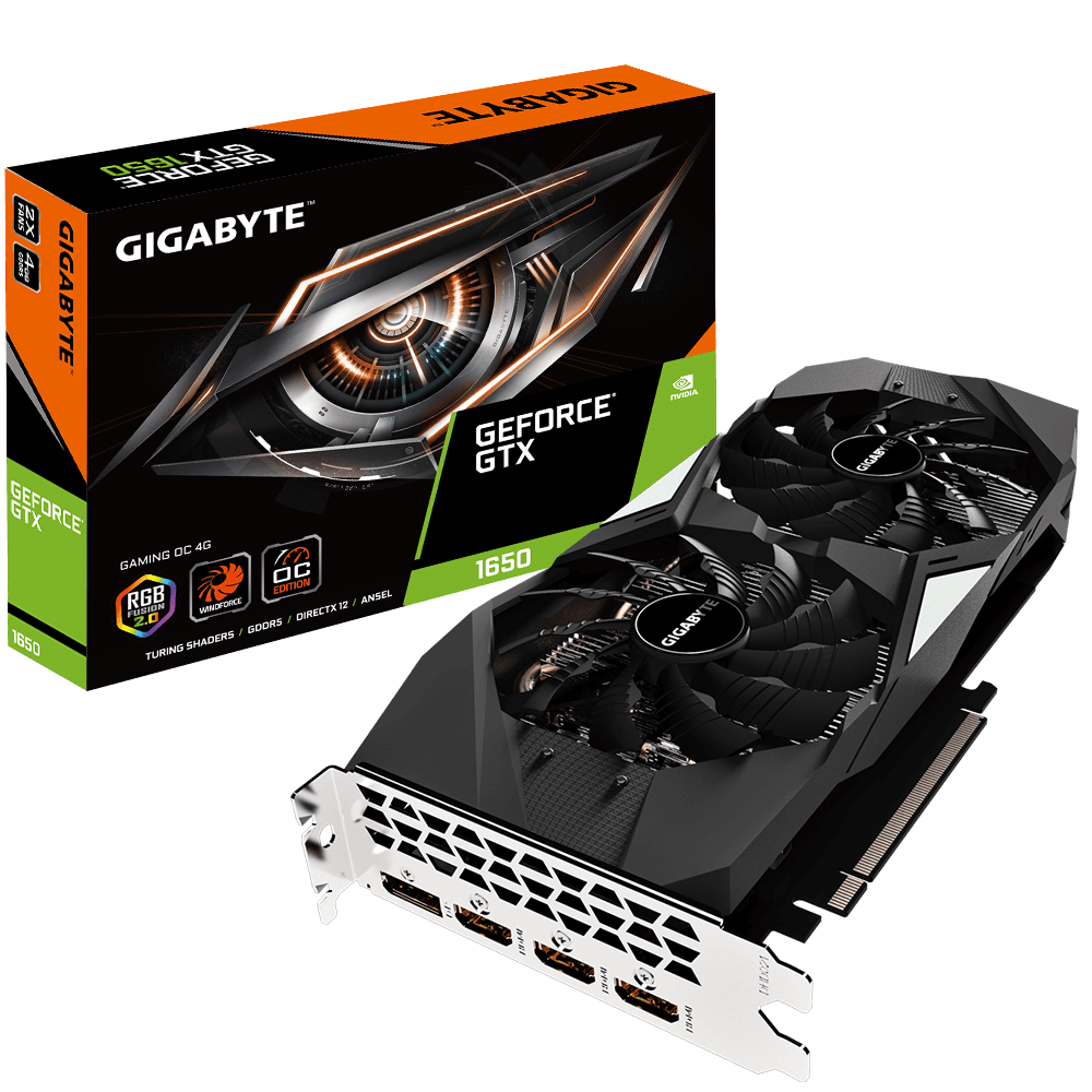 Видеокарта Gigabyte GF GTX1650 4Gb (GV-N1650GAMING OC-4GD, 128bit, GDDR5, 3xHDMI+DP) RTL