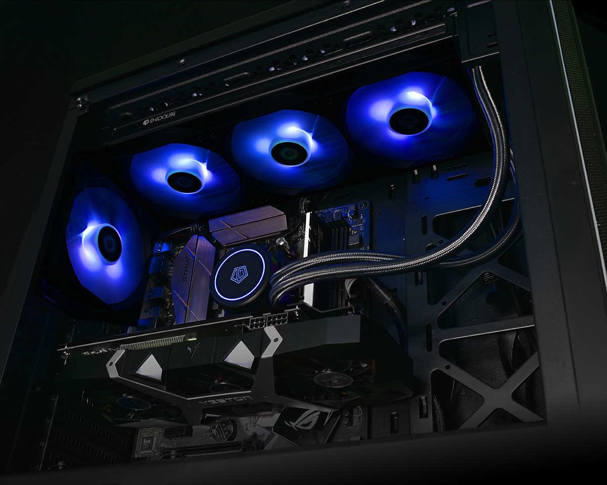 Водяное охлаждение ID-Cooling AURAFLOW X 360 (1150/1151/1155/1156/1200/1366/1700/2011/2066/AM2/AM3/AM4/AM5/FM1/FM2/TR4/sTRX4, Радиатор: Al, Водоблок: Cu, 3 вентилятора: 120mm, 700-1800rpm, 18-35dBa, 4pin, PWM, RGB LED, Помпа: 2100rpm, 25dBa, 3pin/SATA, 35