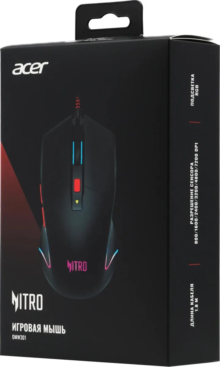 Мышь Acer Nitro OMW301 (ZL.MCECC.024) (USB, optical, 7200dpi, игровая, RGB подсветка, soft-touch, 1.8m, black)