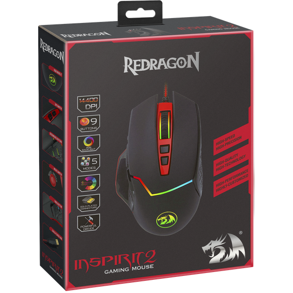 Мышь Redragon INSPIRIT 2 (USB, optical, 14000dpi, игровая, RGB подсветка, black-red)