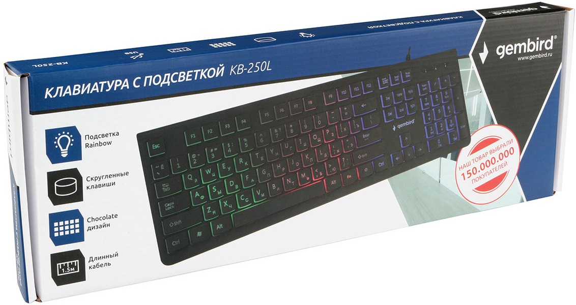Клавиатура Gembird KB-250L (USB, радужная подсветка, black)