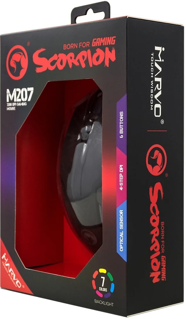 Мышь Marvo M207 (USB, optical, 3200dpi, подсветка, игровая, soft-touch, 1.5m, black)