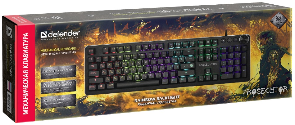 Клавиатура Defender Prosecutor GK-370L (USB, механическая, регулируемая подсветка, игровая, мультимедийная, промо-код "Crossout", black)
