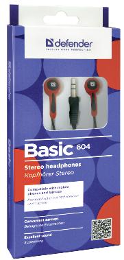 Наушники Defender Basic 604 (затычки, без микрофона, 1.1m, black-red)