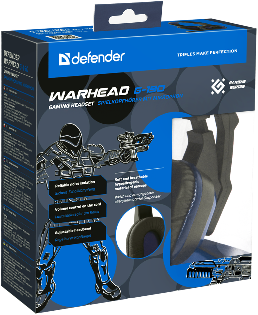 Наушники Defender Warhead G-190 (накладные закрытые, c микрофоном, игровые, 2.5m, blue-black)