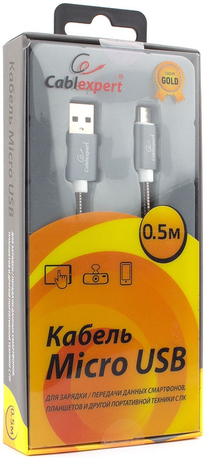 Кабель USB 2.0 Am - micro USB 0.5m (CC-G-mUSB02Gy-0.5M, серия Gold, не спутывается, titan) Cablexpert