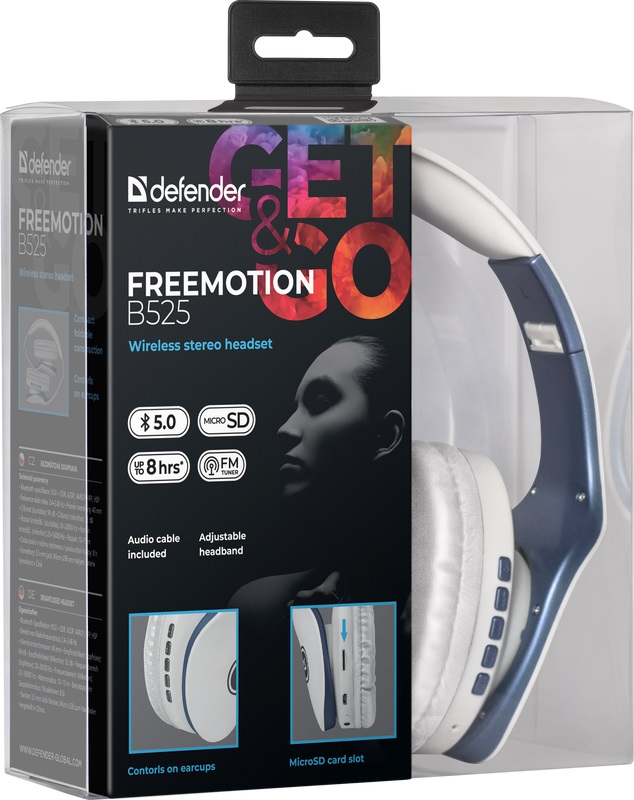 Гарнитура Defender FreeMotion B525 (полноразмерная закрытая, беспроводная, Bluetooth 5.0, с микрофоном, до 8 часов работы от батареи, MicroSD, FM, складная, white-blue)