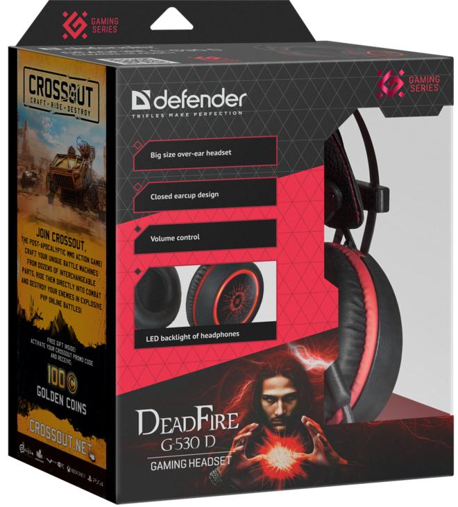 Наушники Defender DeadFire G-530D (полноразмерные закрытые, c микрофоном, игровые, 2.2m, промо-код "Crossout", black-red)