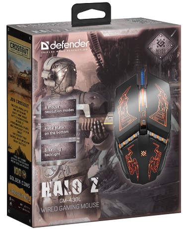 Мышь Defender Halo Z GM-430L (USB, optical, 3200dpi, игровая, подсветка, промо-код "Crossout", black)