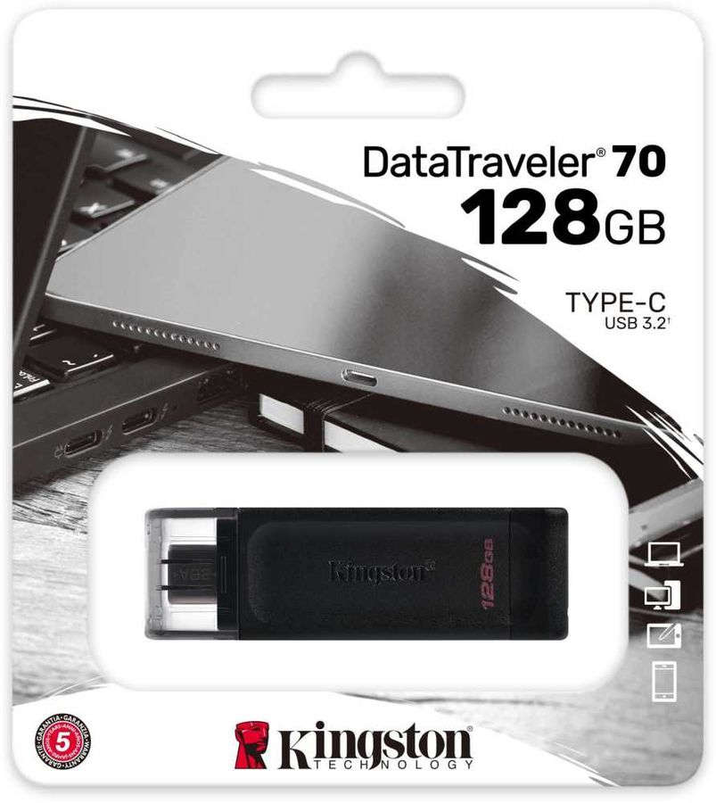 Флеш накопитель USB 3.2 128Gb Kingston DataTraveler 70 (DT70/128GB, OTG Type-C, black)