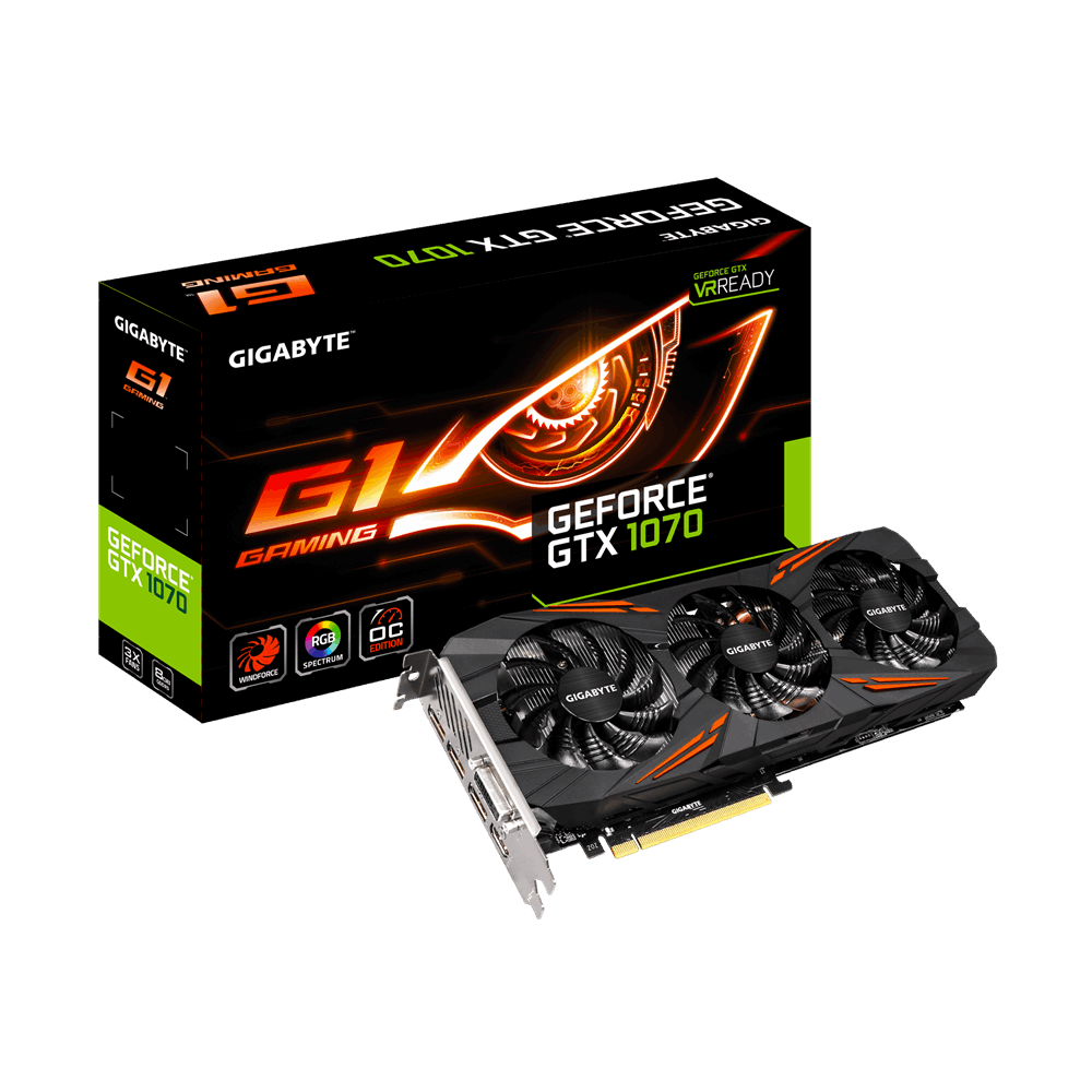 Видеокарта Gigabyte GF GTX1070 8Gb (GV-N1070G1 GAMING-8GD, 256bit, GDDR5, DVI+HDMI+3xDP) RTL