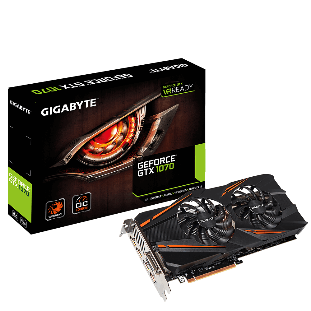 Видеокарта Gigabyte GF GTX1070 8Gb (GV-N1070WF2OC-8GD, 256bit, GDDR5, DVI+HDMI+3xDP) RTL