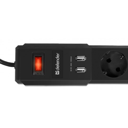 Сетевой фильтр Defender DFS 453 (5 розеток., 3.0 метра, 2 USB порта 1000mA, black) RTL