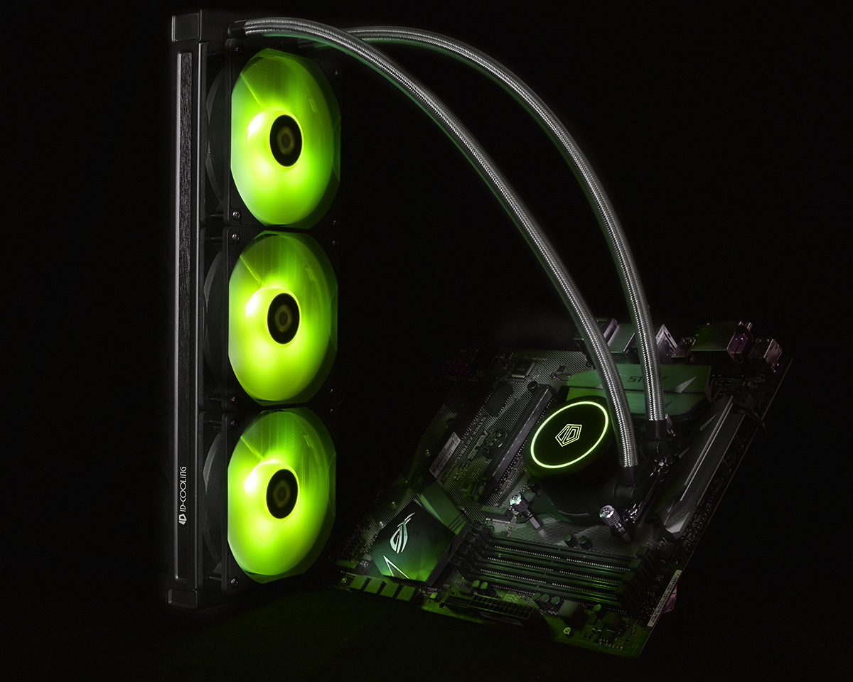 Водяное охлаждение ID-Cooling AURAFLOW X 360 (1150/1151/1155/1156/1200/1366/1700/2011/2066/AM2/AM3/AM4/AM5/FM1/FM2/TR4/sTRX4, Радиатор: Al, Водоблок: Cu, 3 вентилятора: 120mm, 700-1800rpm, 18-35dBa, 4pin, PWM, RGB LED, Помпа: 2100rpm, 25dBa, 3pin/SATA, 35