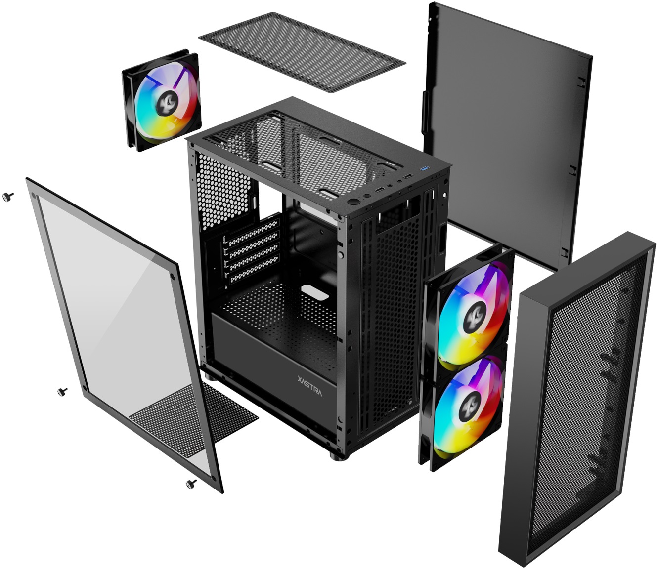 Корпус XASTRA A305M 3FRGB (без БП, mATX, USB3.0, 3x rainbow LED Fan, black)