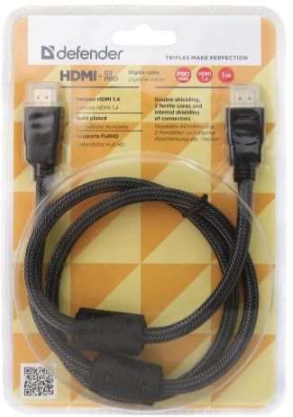 Кабель HDMI (m) - HDMI (m) 1.0m (HDMI-03PRO, ver.1.4, медь, с позолоченными контактами, 2 ферритовых фильтра, экранированный, блистер, black) Defender