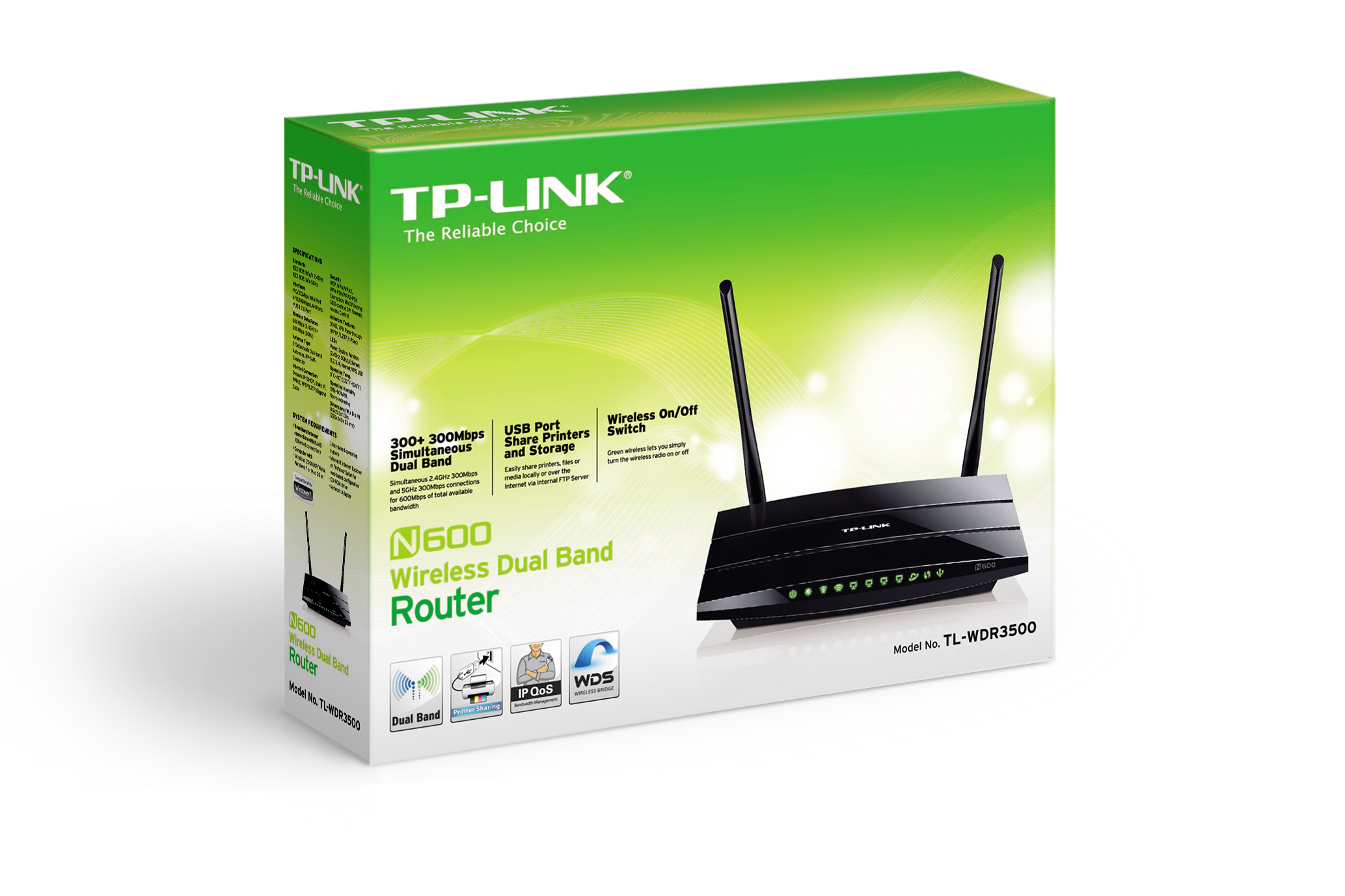 Роутер TP-LINK TL-WDR3500 (300Mbps, 2.4/5GHz, 4 ports, 100Mbps, 2 внешние съёмные антенны 3dBi, USB, USB Printer/FTP Server, black)