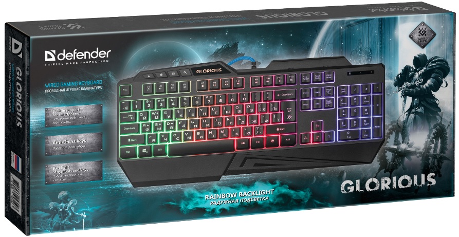 Клавиатура Defender Glorious GK-310L (USB, регулируемая подсветка, игровая, влагоустойчивая, мультимедийная, промо-код "Crossout", black)