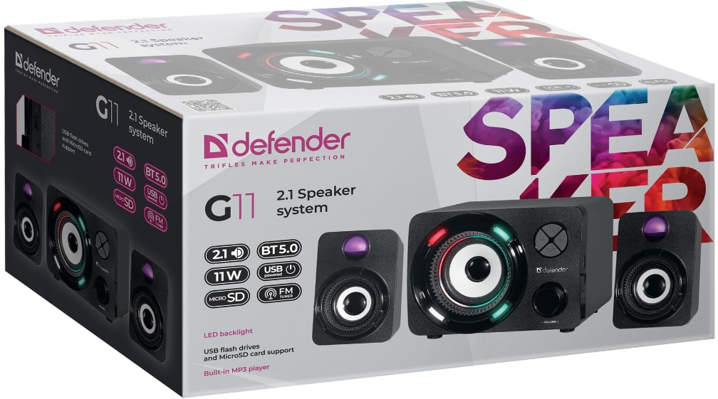 Колонки Defender G11 (11W, USB, Bluetooth v.5.0, MicroSD, USB, FM, MP3, подсветка, black)