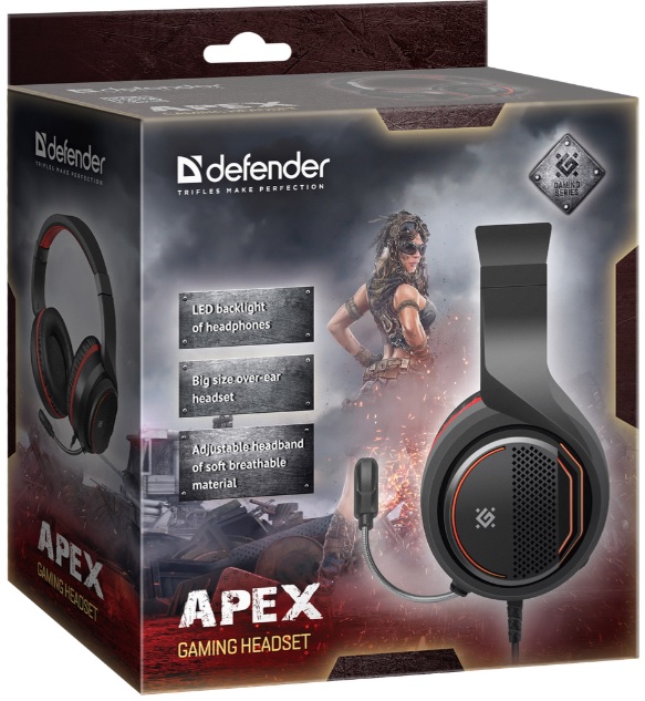 Наушники Defender Apex (полноразмерные закрытые, c микрофоном, регулятор, игровые, 1.8m, подсветка, промо-код "Crossout", black-red)