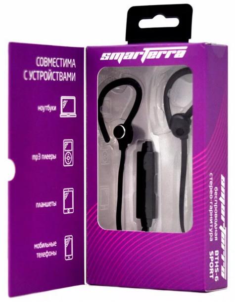 Гарнитура Smarterra BTHS-6 Sport (затычки, беспроводная, Bluetooth 4.1, с микрофоном, до 10м., black)