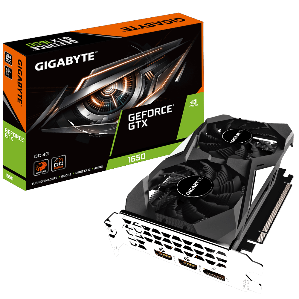 Видеокарта Gigabyte GF GTX1650 4Gb (GV-N1650OC-4GD, 128bit, GDDR5, 2xHDMI+DP) RTL