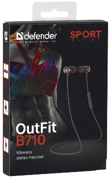 Гарнитура Defender OUTFIT B710 (затычки, беспроводные, Bluetooth 4.1, с микрофоном, до 10м., до 5 часов работы от батареи, black-orange)