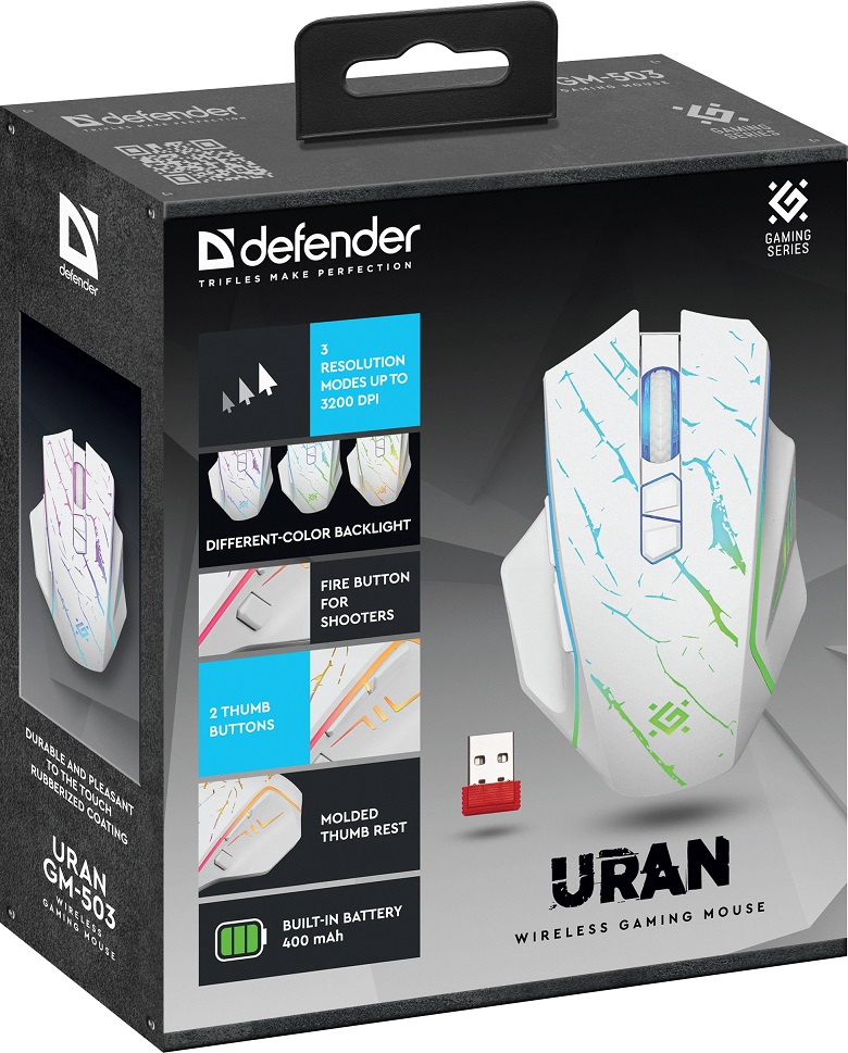 Мышь беспроводная Defender URAN GM-503 (optical, 3200dpi, аккумулятор 400mAh, подсветка, программируемая, soft-touch, white)