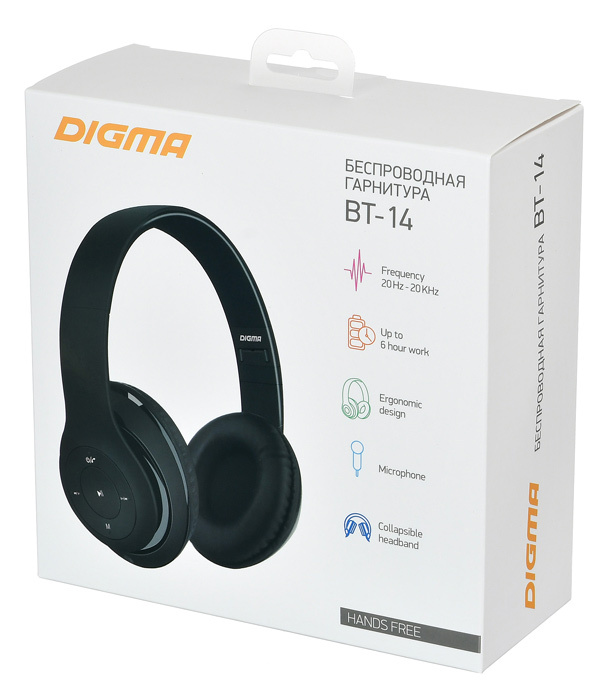 Гарнитура Digma BT-14 (накладная закрытая, беспроводная, Bluetooth 4.2, microSD, с микрофоном, до 6 часов работы от батареи, black)