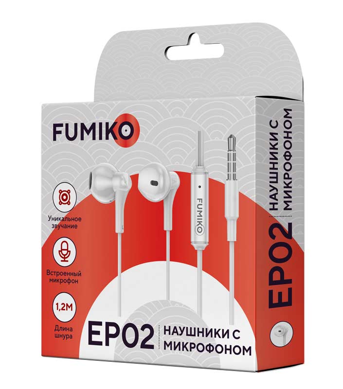 Наушники FUMIKO EP-02 (FEP02-01, вкладыши, для мобильных устройств, с микрофоном, 1.2m, white)