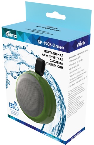 Колонка Ritmix SP-190B (3W, портативная, аккумулятор 400mAh, Bluetooth v.5.0, громкая связь, green)