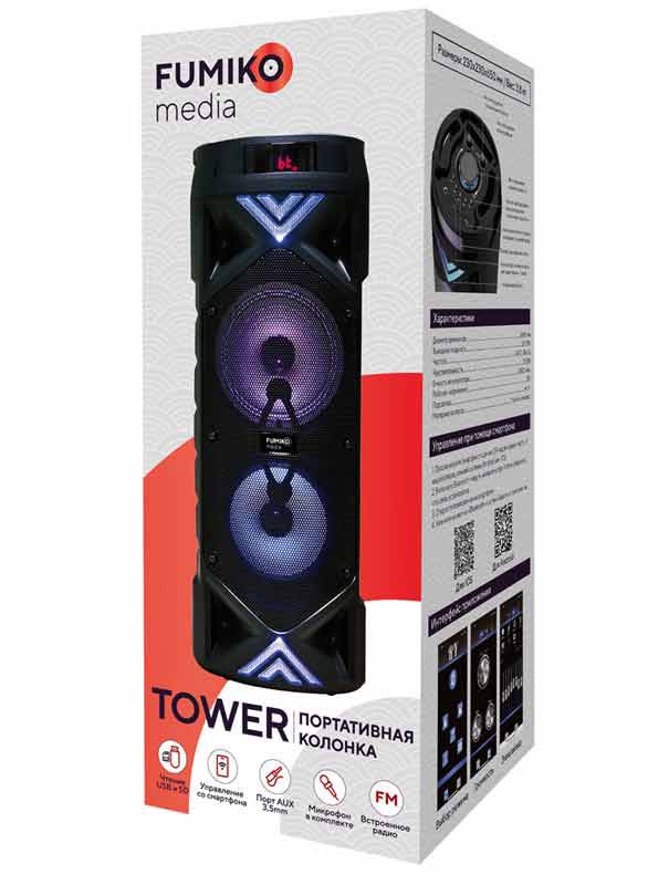 Колонка FUMIKO TOWER (30W, портативная, аккумулятор 4500mAh, Bluetooth 5.0, управление смартфоном, микрофон в комплекте, ПДУ, AUX, USB, MicroSD, FM, MP3, подсветка, black)