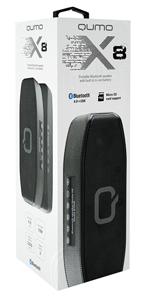 Колонка QUMO X8 (10W, портативная, аккумулятор 2200mAh, Bluetooth v.4.0, микрофон, громкая связь, AUX, USB, MicroSD до 32Gb, FM, MP3, black)