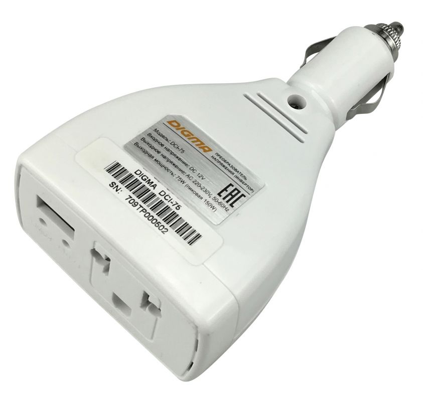 Преобразователь напряжения Digma DCI-75 (12V входное, 220V выходное напряжение, в прикуриватель, USB 0.5A, мощность 75W)