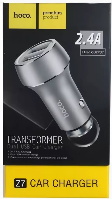Зарядное устройство от прикуривателя hoco Z7 Transformer (12/24V - USB, 2*USB, 2.4А, быстрая зарядка, silver)