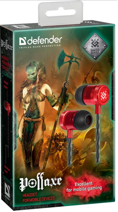 Наушники Defender POLLAXE  (затычки, для мобильных устройств, с микрофоном, 1.2m, black-red)