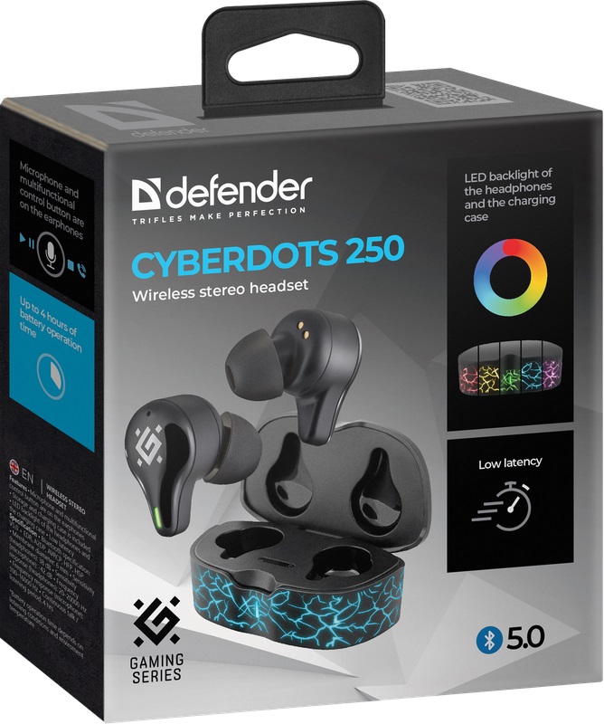 Гарнитура Defender CyberDots 250 (затычки, беспроводная, Bluetooth 5.0, с микрофоном, Type-C, до 4 часов работы от батареи, black)