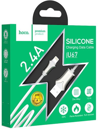 Кабель USB 2.0 Am - Lightning 1.2m (U67 Soft silicone, 2.4A, оплётка из огнезащищённого и незамерзающего силикона, white) hoco