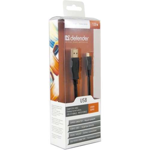 Кабель USB 2.0 Am - micro USB 1.8m (USB08-06PRO, медь, 2 ферритовых фильтра, экранированный, black) Defender