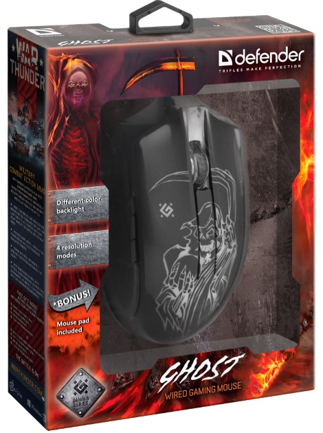 Мышь Defender Ghost GM-190L (USB, optical, 3200dpi, игровая, подсветка, промо-код "War Thunder", коврик, black)